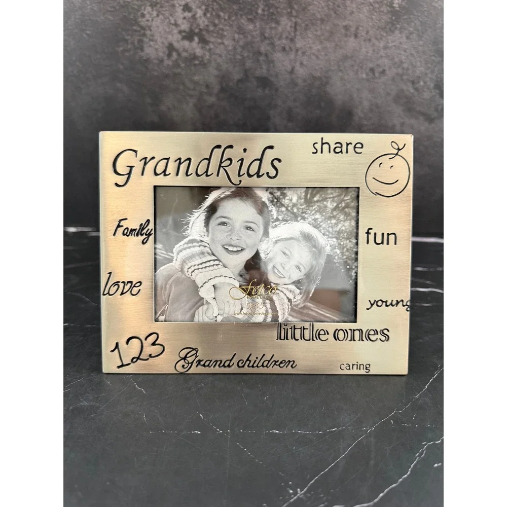VTG Metal Fetco 3.5X5 Silver Tone Frame Grandkids Family Little Ones Text